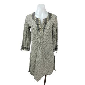 Anokhi Women's Black Geometric Half Sleeve V Neck Boho A Line Mini Dress Size S